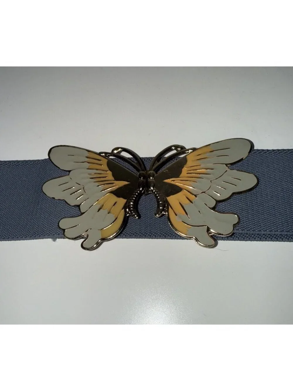 Vintage 70s 80s Enamel Butterfly Buckle Blue Elastic Stretch Waist Belt